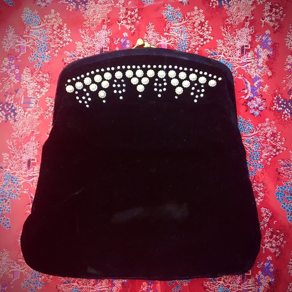 Handbags - Vintage Black Velvet with Pearls Clutch Purse
